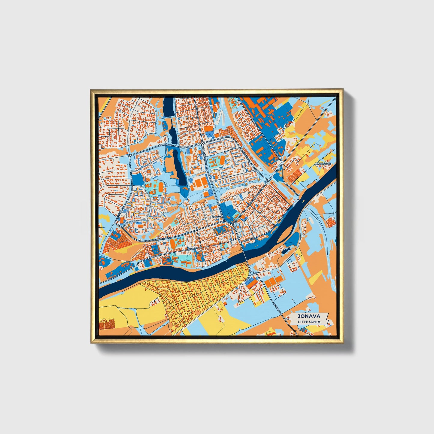 Jonava Lithuania Colorful City Map Canvas Print • Gold Framed