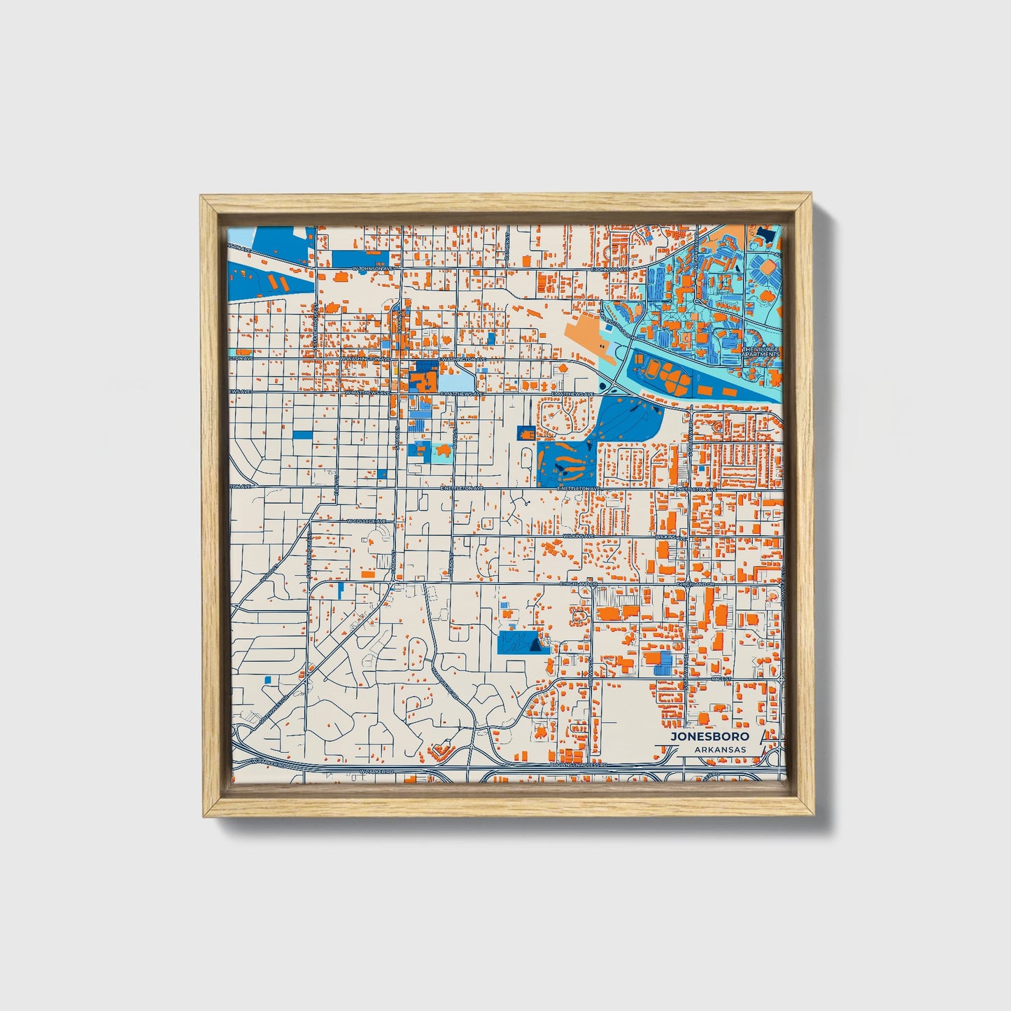 Jonesboro Arkansas Colorful City Map Canvas Print • Natural Wooden Framed