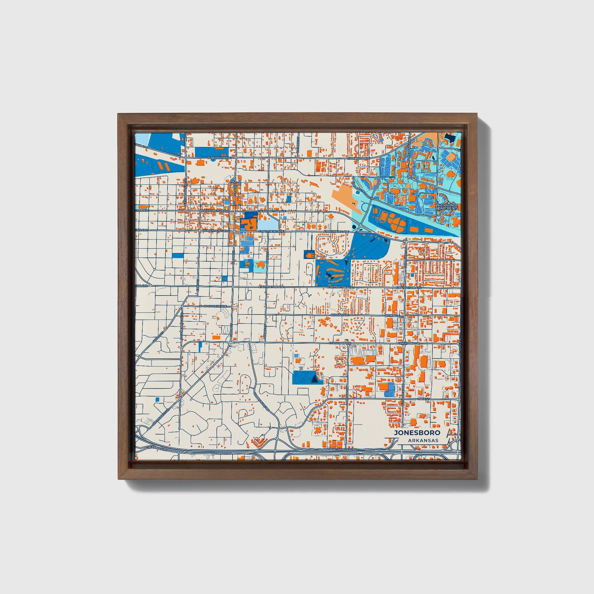 Jonesboro Arkansas Colorful City Map Canvas Print • Dark Wooden Framed