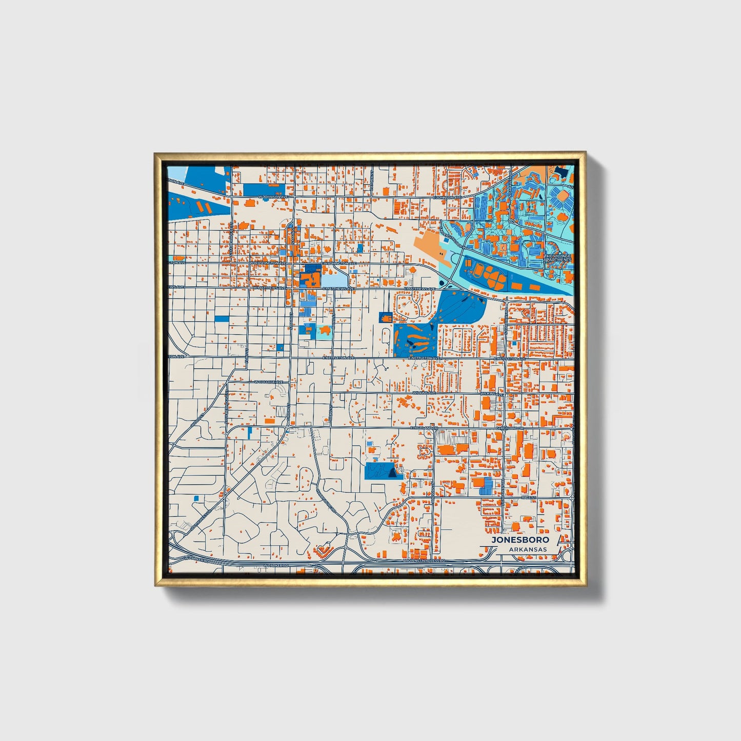 Jonesboro Arkansas Colorful City Map Canvas Print • Gold Framed