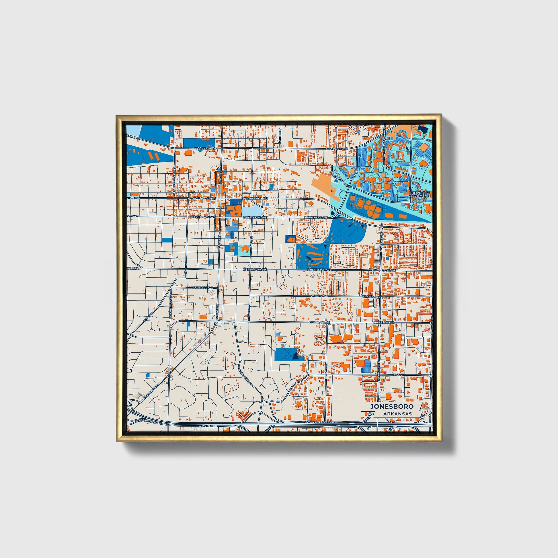 Jonesboro Arkansas Colorful City Map Canvas Print • Gold Framed