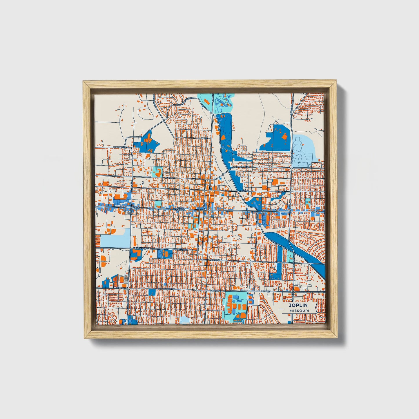 Joplin Missouri Colorful City Map Canvas Print • Natural Wooden Framed