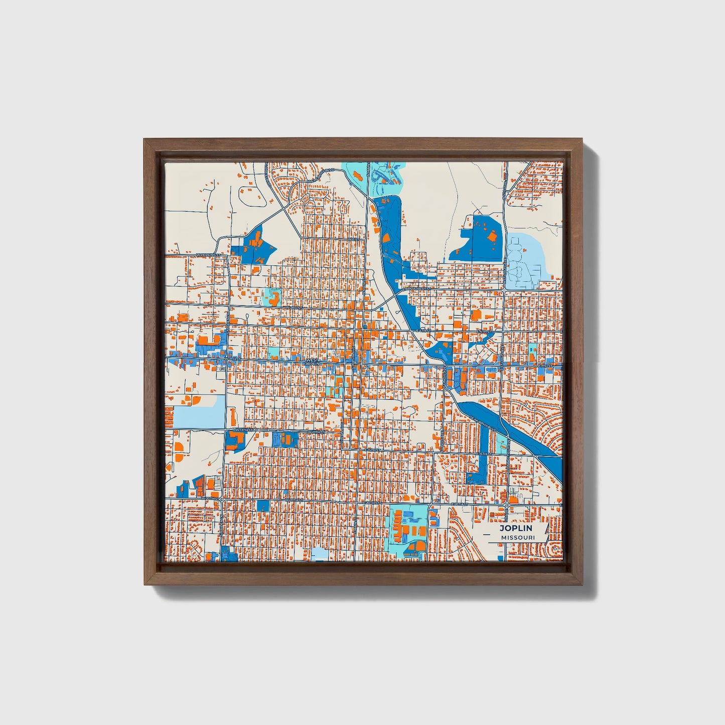 Joplin Missouri Colorful City Map Canvas Print • Dark Wooden Framed