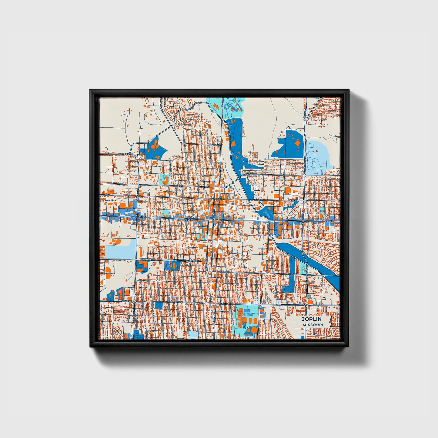 Joplin Missouri Colorful City Map Canvas Print • Black Framed