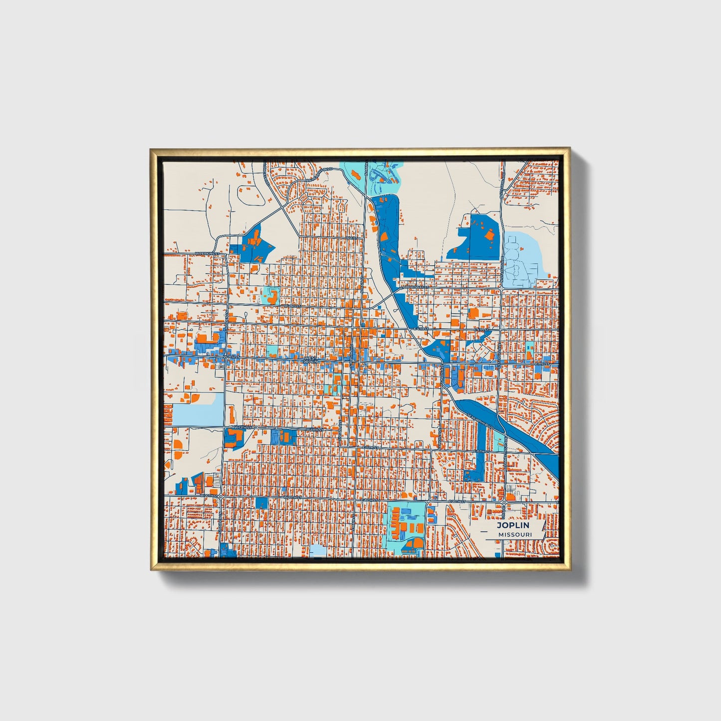 Joplin Missouri Colorful City Map Canvas Print • Gold Framed