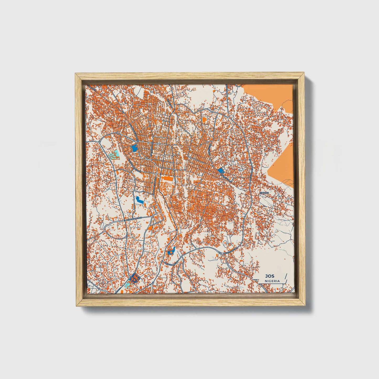 Jos Nigeria Colorful City Map Canvas Print • Natural Wooden Framed