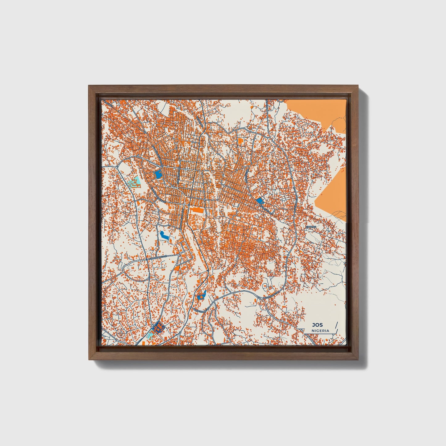 Jos Nigeria Colorful City Map Canvas Print • Dark Wooden Framed