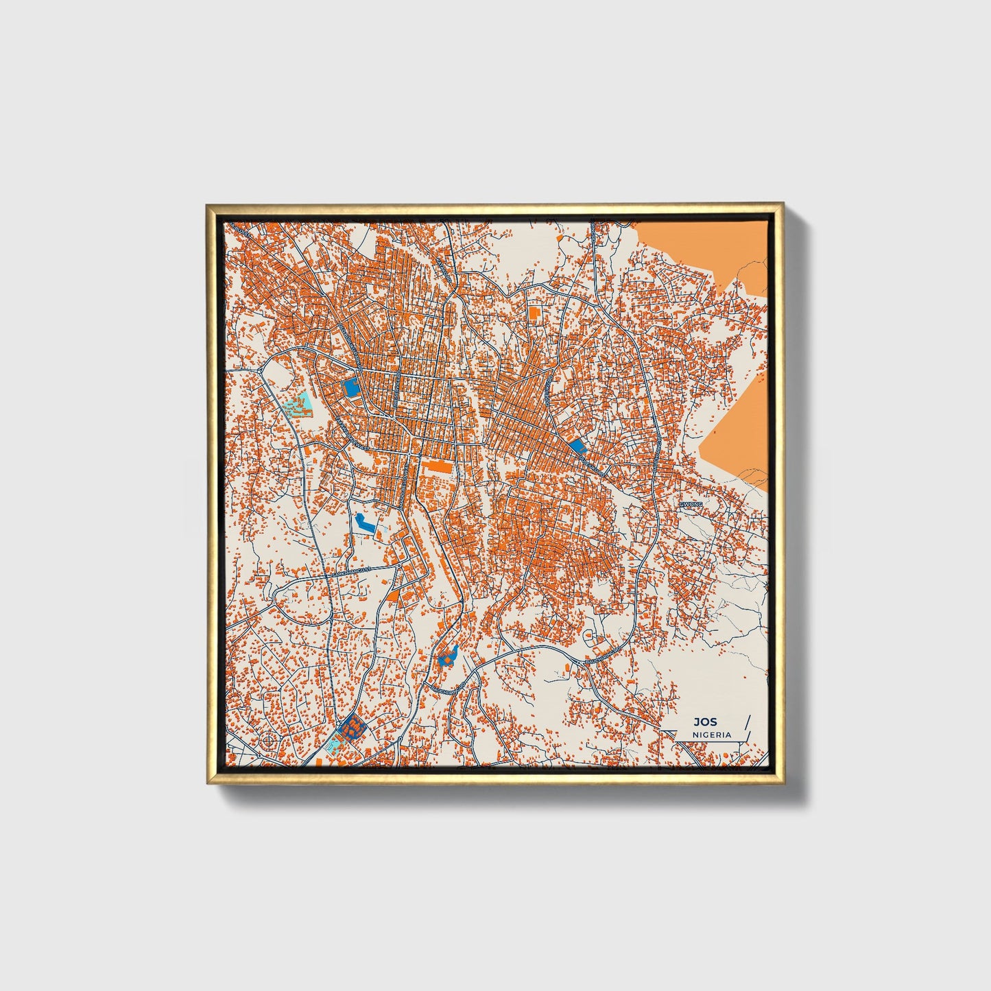 Jos Nigeria Colorful City Map Canvas Print • Gold Framed