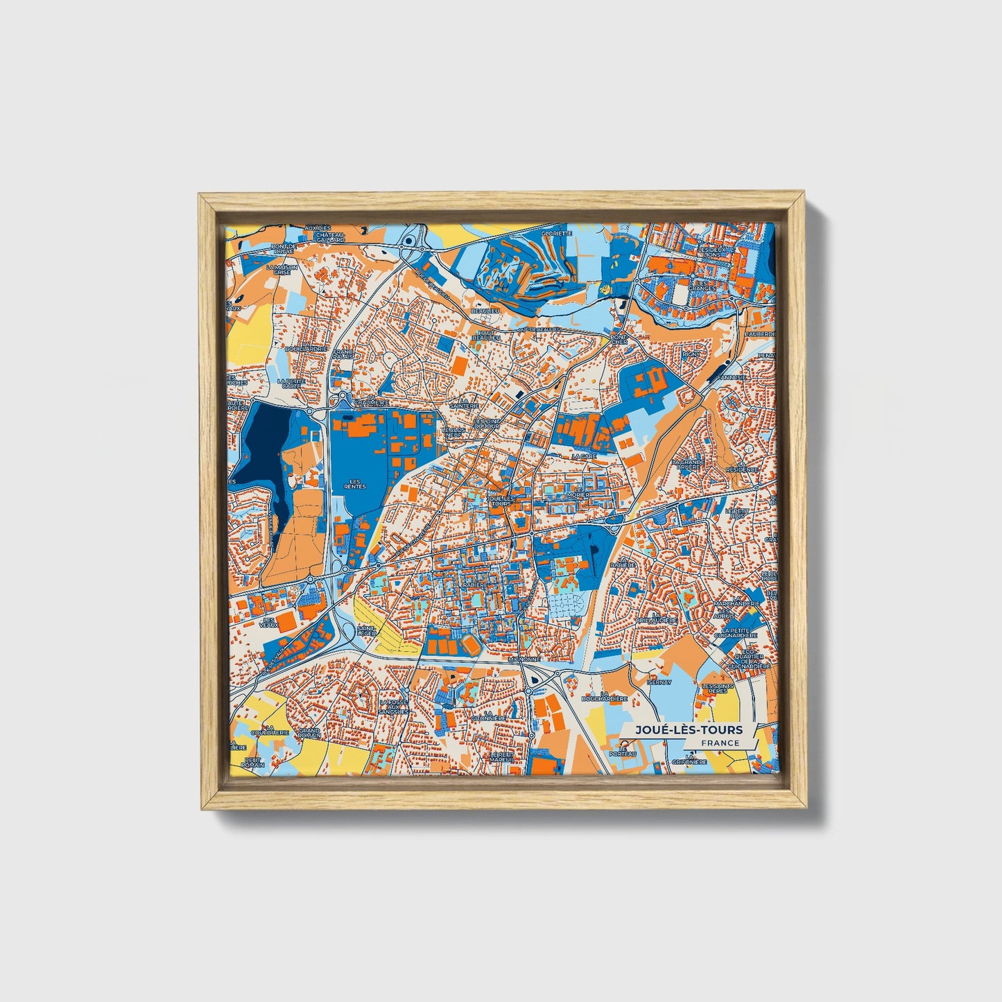 Joué-Lès-Tours France Colorful City Map Canvas Print • Natural Wooden Framed