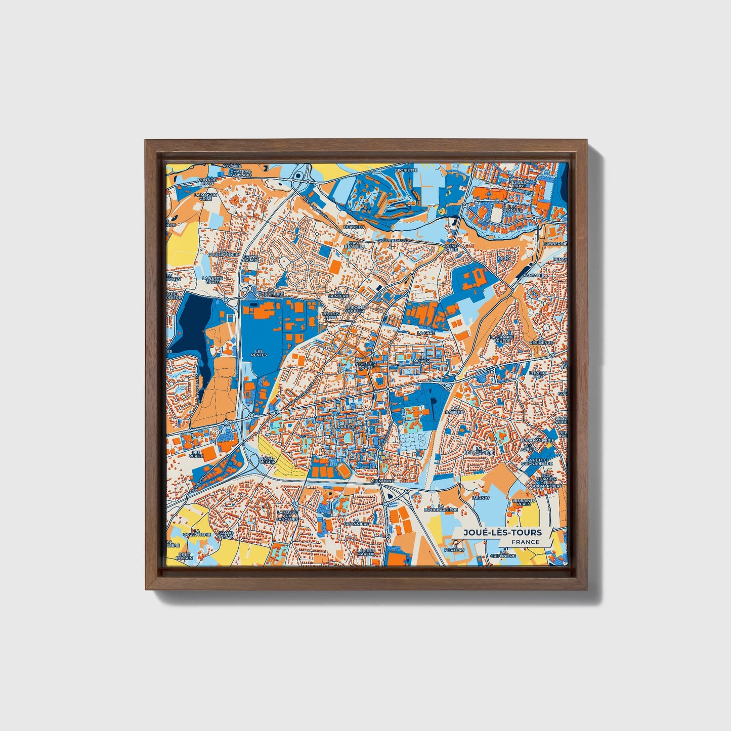 Joué-Lès-Tours France Colorful City Map Canvas Print • Dark Wooden Framed