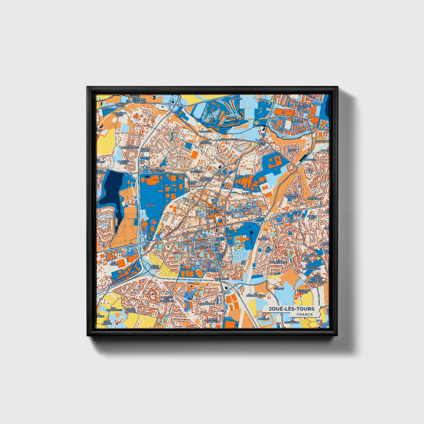 Joué-Lès-Tours France Colorful City Map Canvas Print • Black Framed