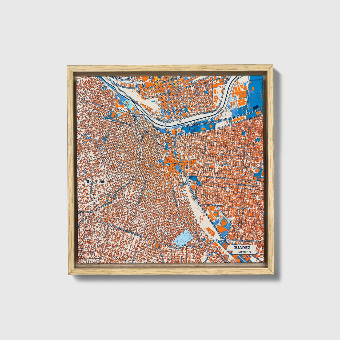Juárez Mexico Colorful City Map Canvas Print • Natural Wooden Framed