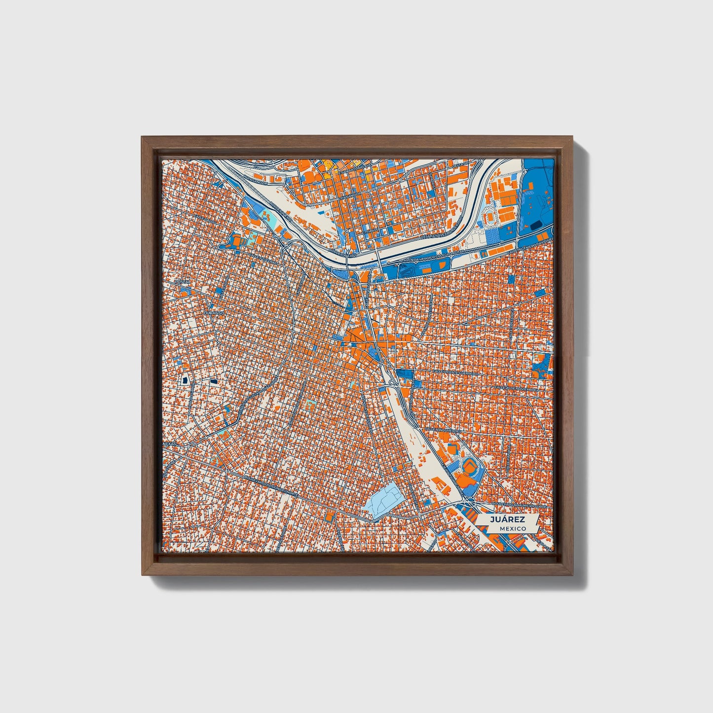 Juárez Mexico Colorful City Map Canvas Print • Dark Wooden Framed