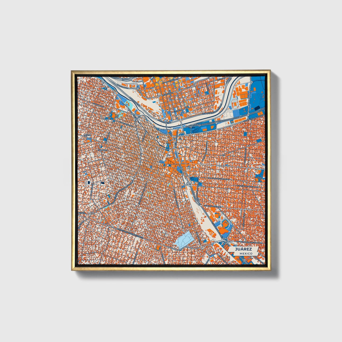 Juárez Mexico Colorful City Map Canvas Print • Gold Framed