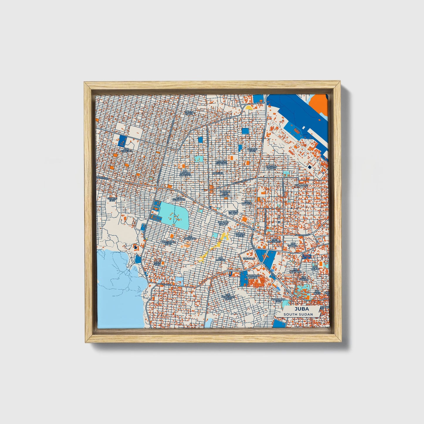 Juba South Sudan Colorful City Map Canvas Print • Natural Wooden Framed