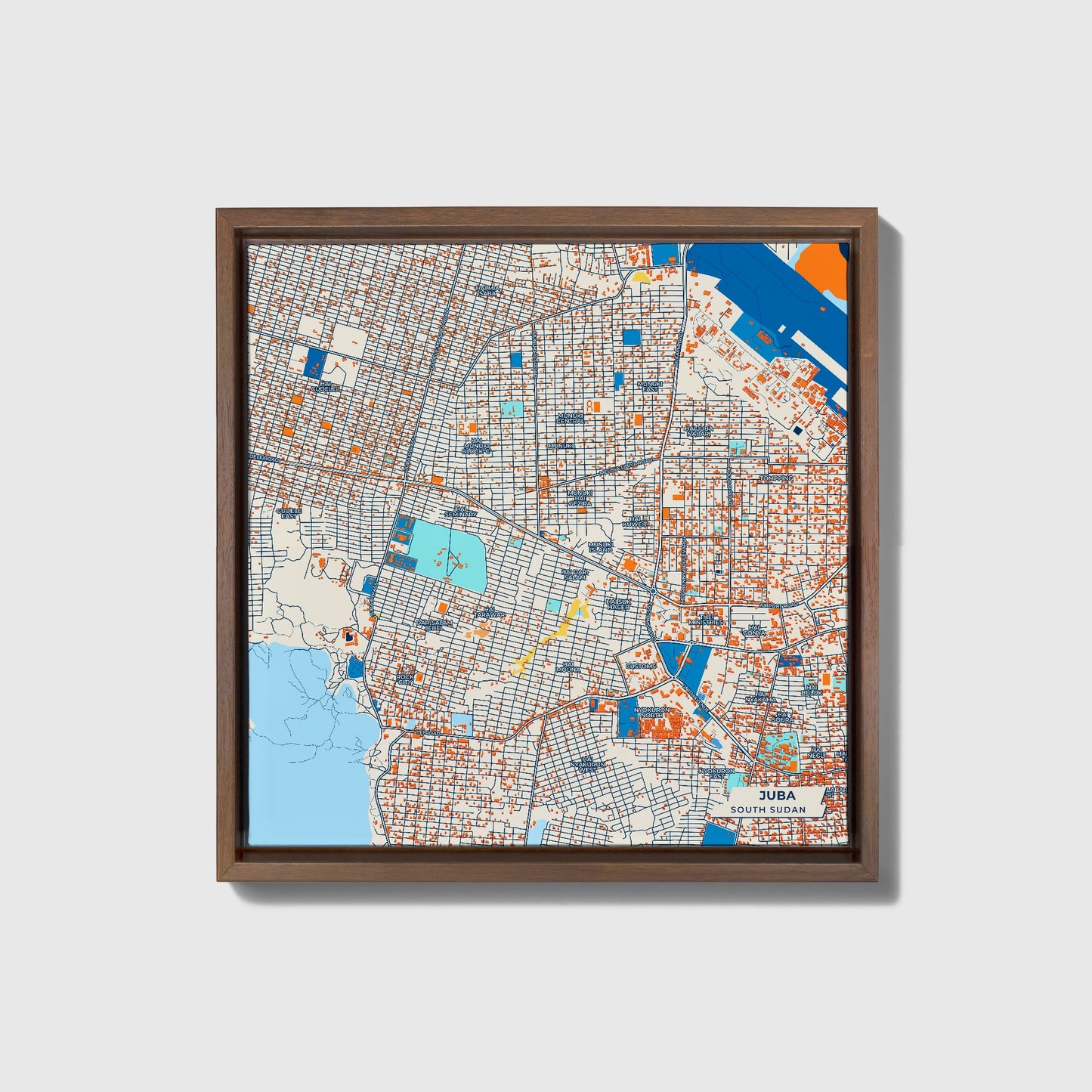 Juba South Sudan Colorful City Map Canvas Print • Dark Wooden Framed