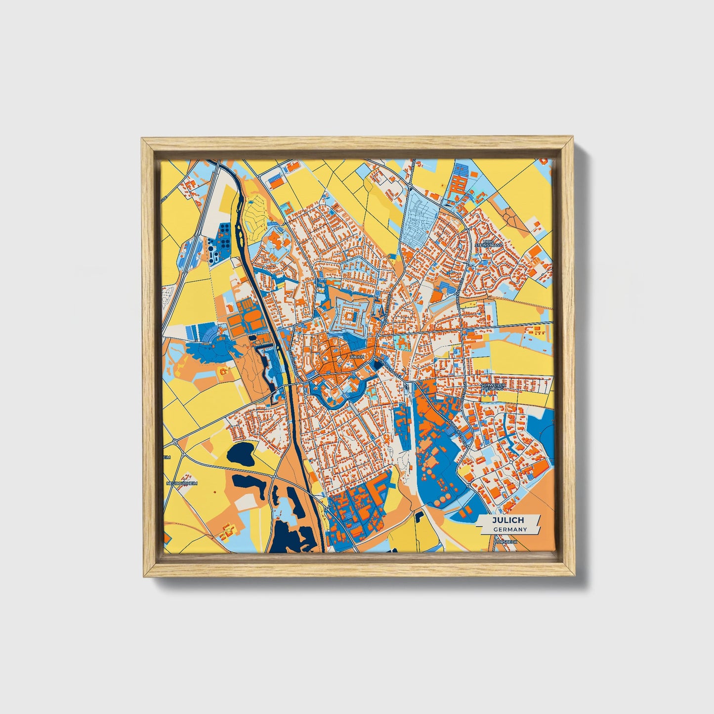 Jülich Germany Colorful City Map Canvas Print • Natural Wooden Framed