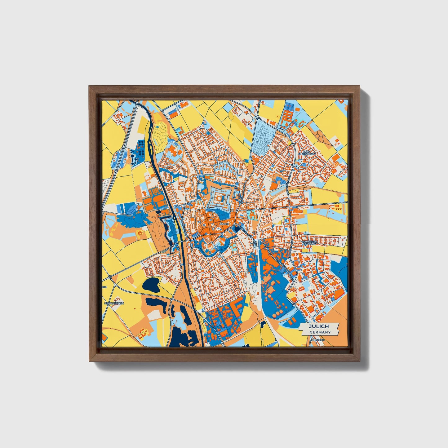 Jülich Germany Colorful City Map Canvas Print • Dark Wooden Framed
