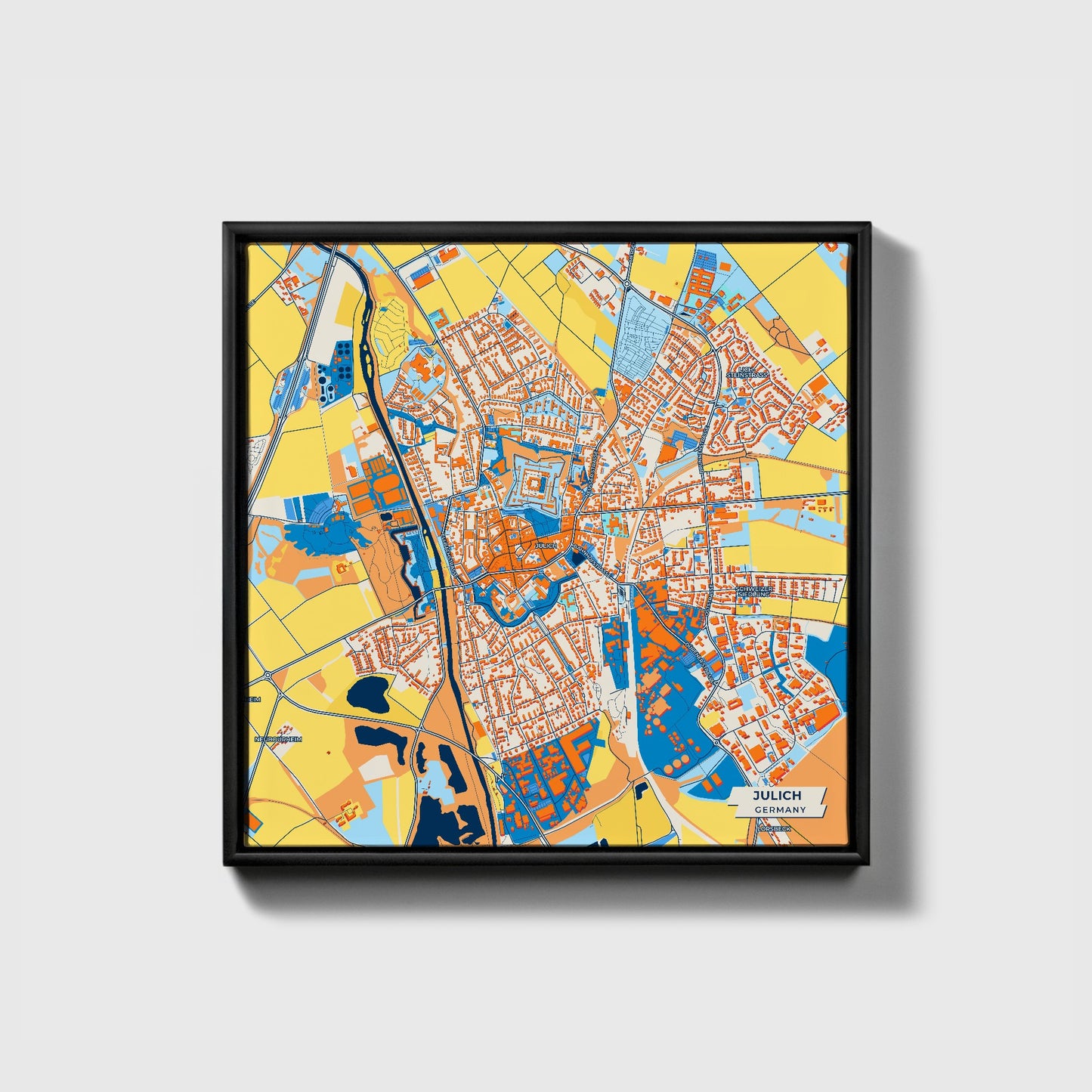 Jülich Germany Colorful City Map Canvas Print • Black Framed