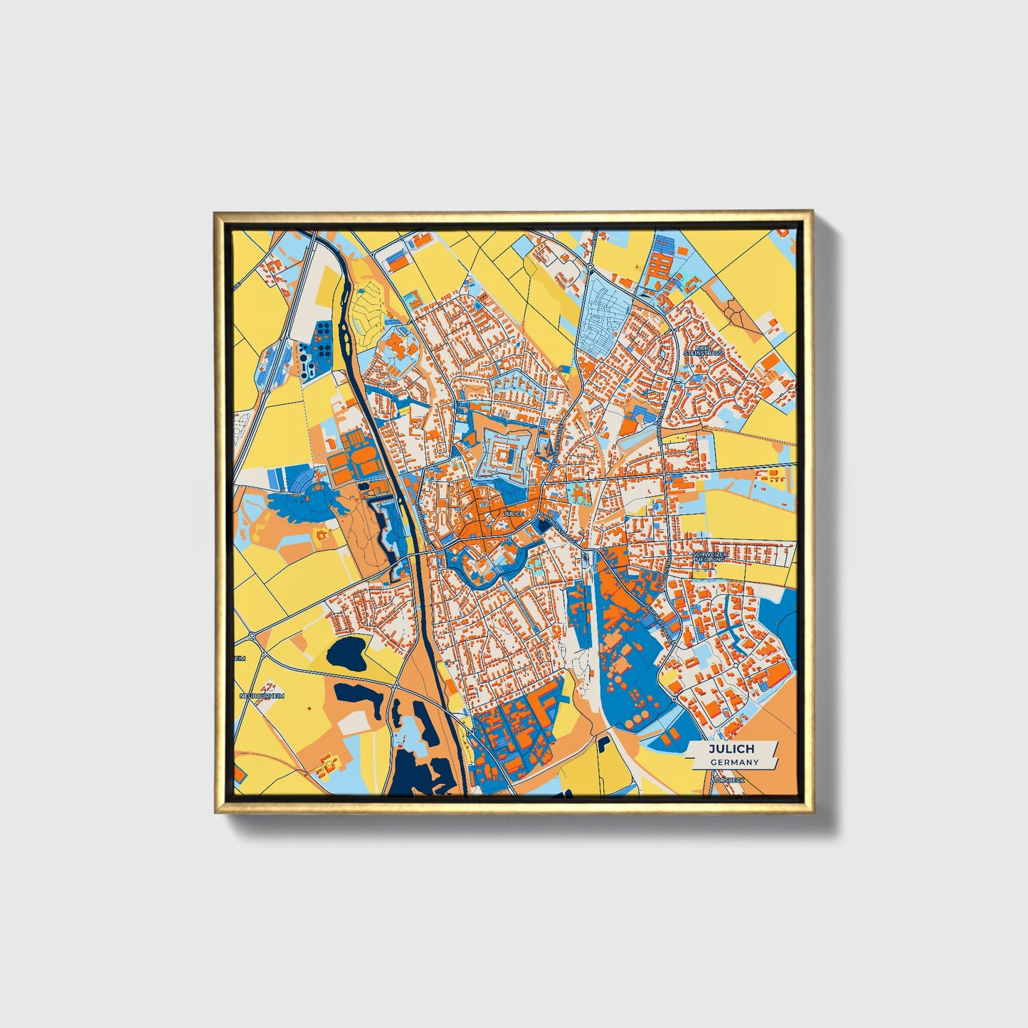 Jülich Germany Colorful City Map Canvas Print • Gold Framed