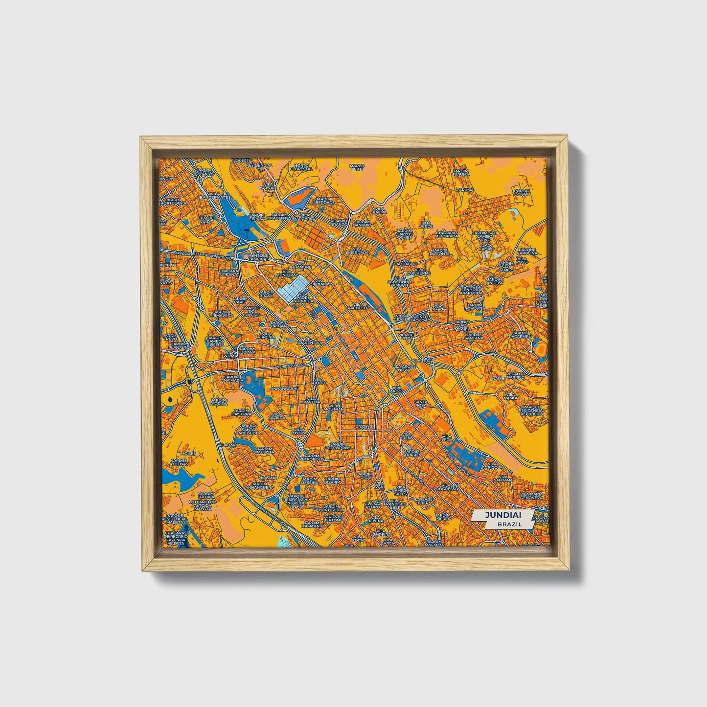 Jundiai Brazil Colorful City Map Canvas Print • Natural Wooden Framed