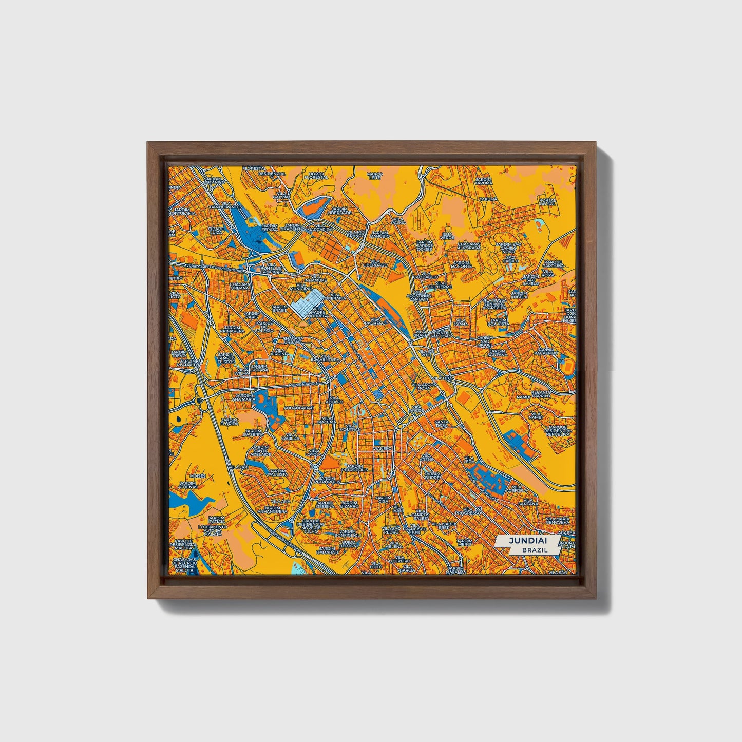 Jundiai Brazil Colorful City Map Canvas Print • Dark Wooden Framed
