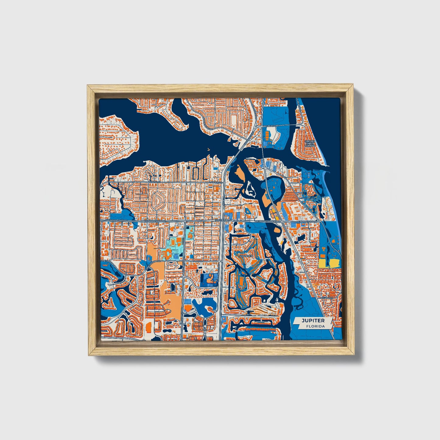 Jupiter Florida Colorful City Map Canvas Print • Natural Wooden Framed