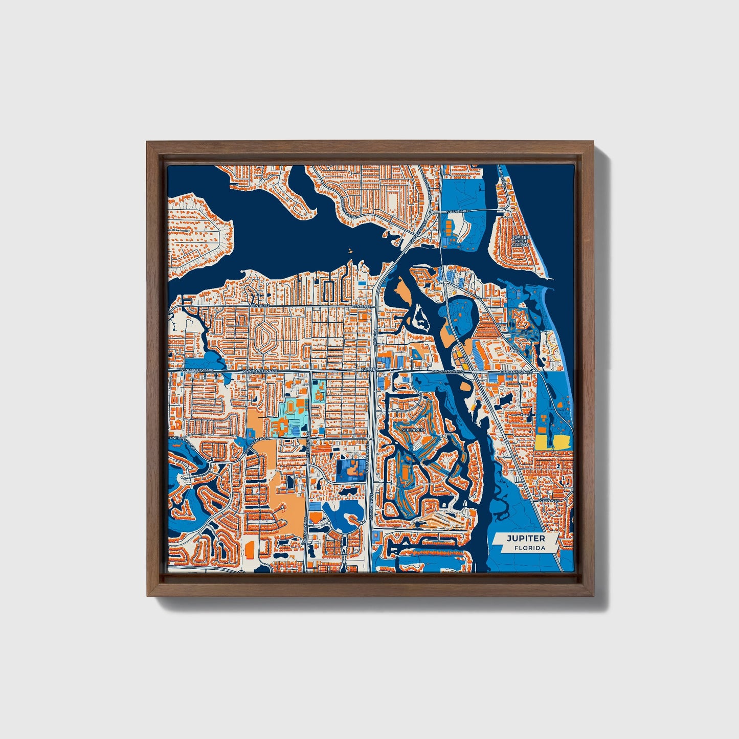 Jupiter Florida Colorful City Map Canvas Print • Dark Wooden Framed