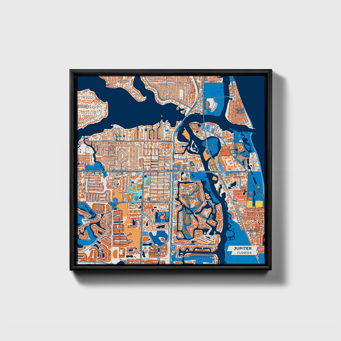 Jupiter Florida Colorful City Map Canvas Print • Black Framed