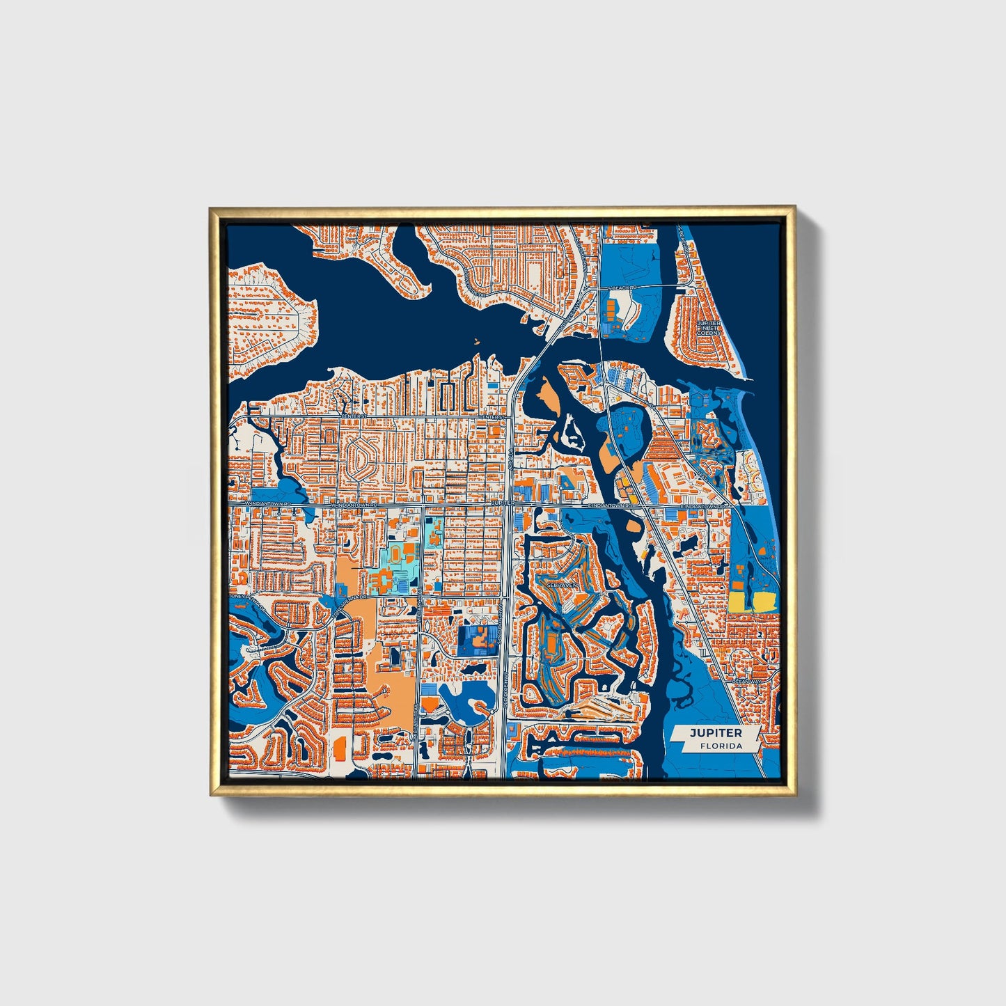 Jupiter Florida Colorful City Map Canvas Print • Gold Framed