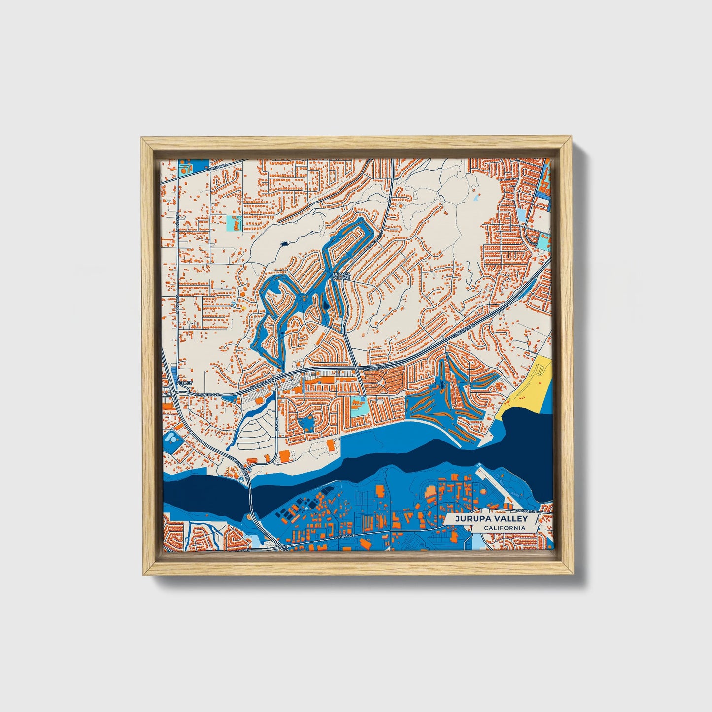 Jurupa Valley California Colorful City Map Canvas Print • Natural Wooden Framed
