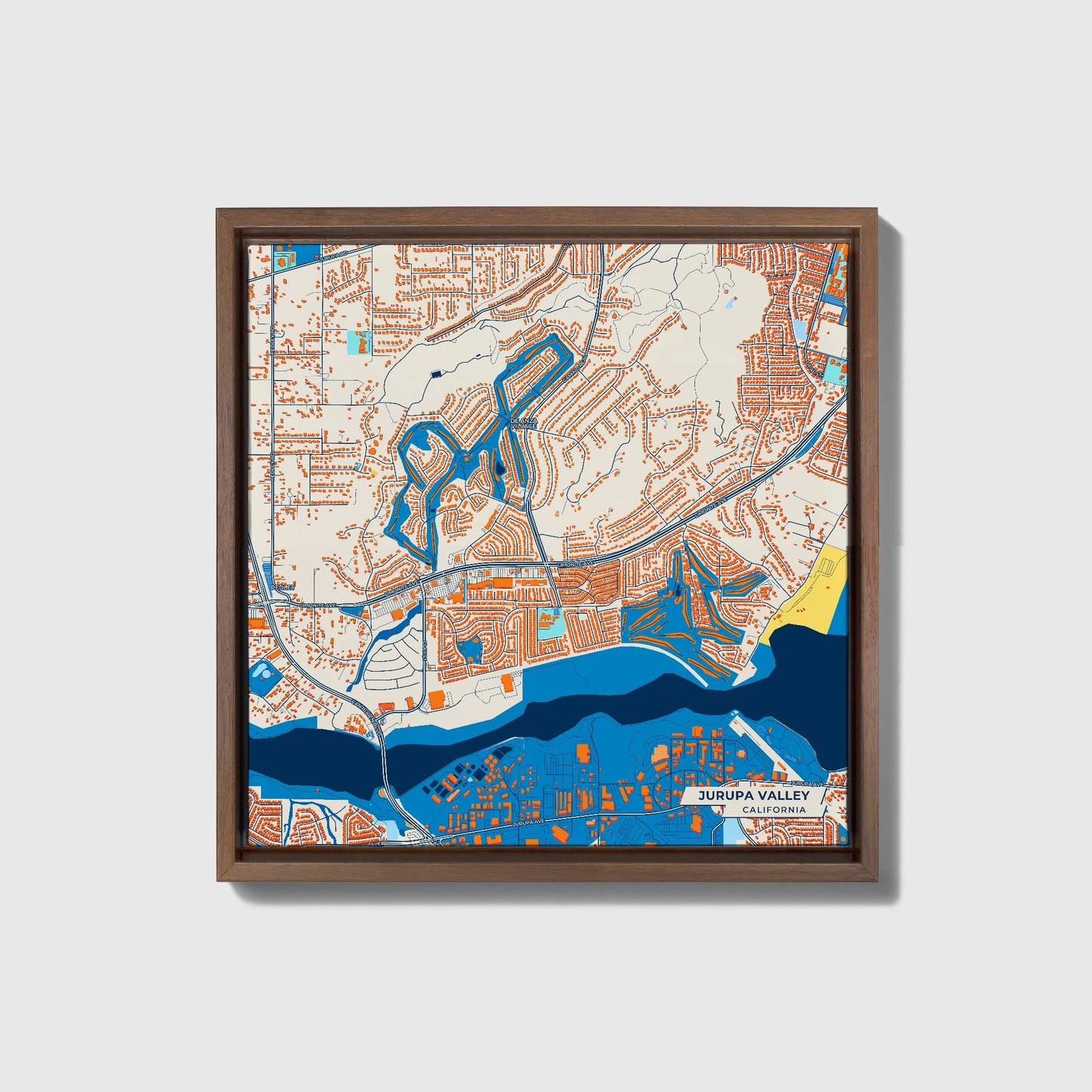 Jurupa Valley California Colorful City Map Canvas Print • Dark Wooden Framed