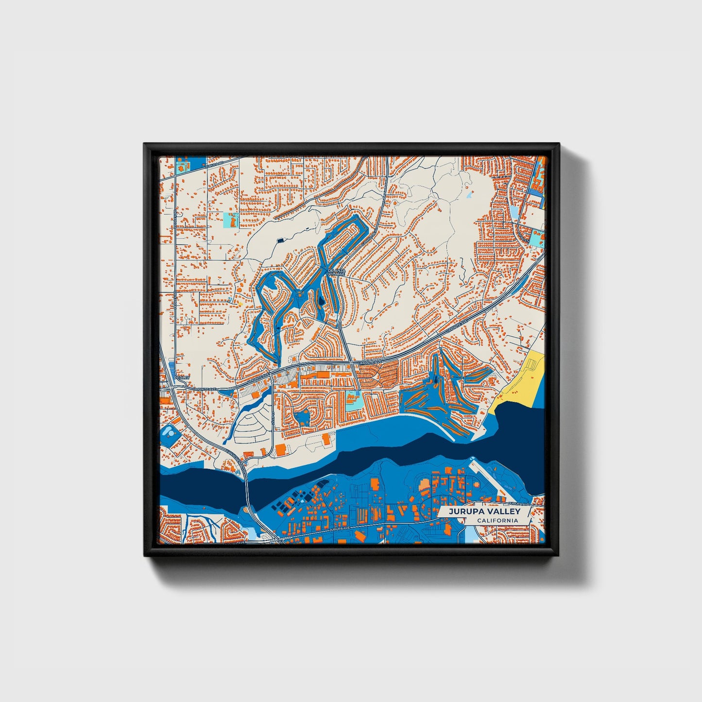 Jurupa Valley California Colorful City Map Canvas Print • Black Framed