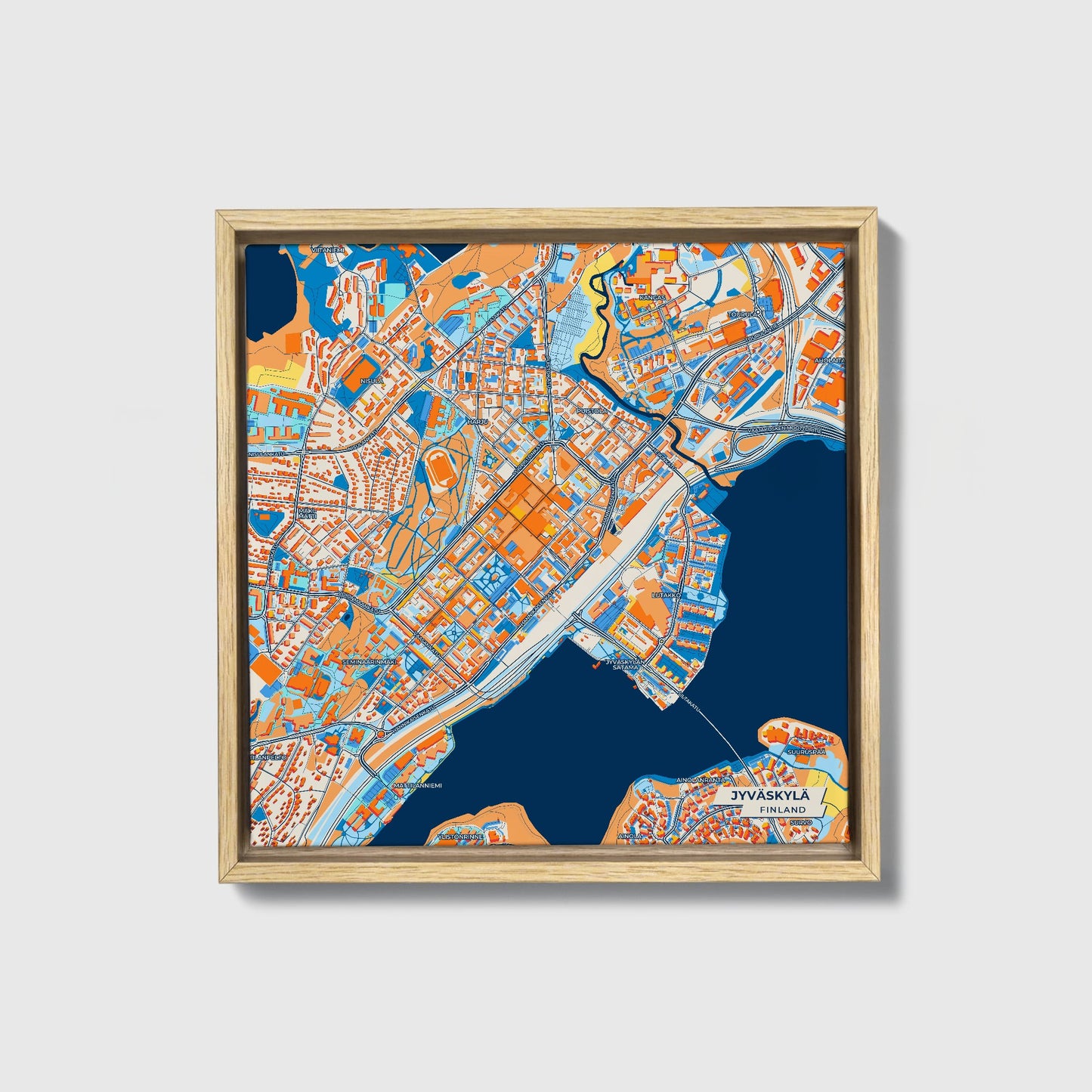 Jyväskylä Finland Colorful City Map Canvas Print • Natural Wooden Framed