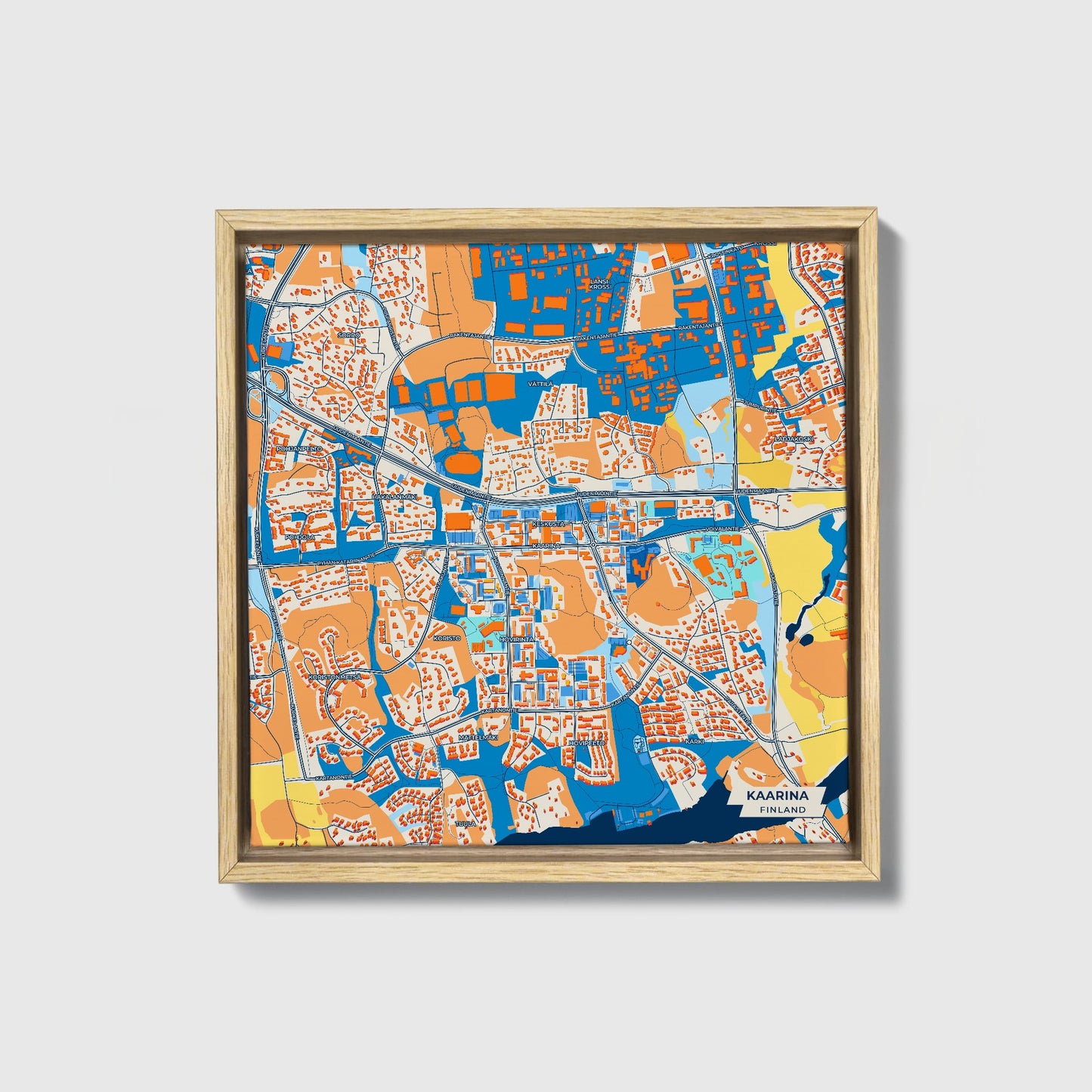 Kaarina Finland Colorful City Map Canvas Print • Natural Wooden Framed