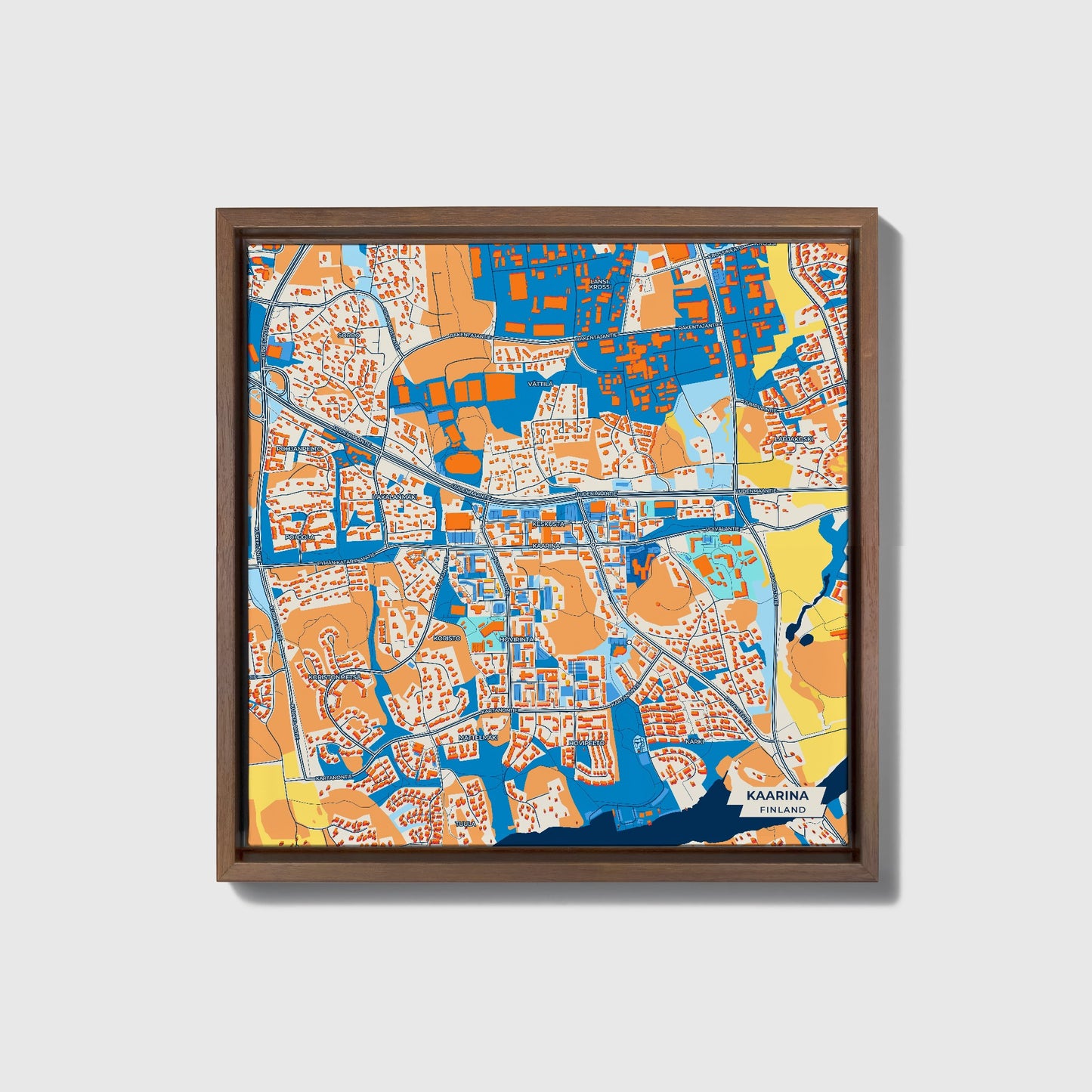 Kaarina Finland Colorful City Map Canvas Print • Dark Wooden Framed