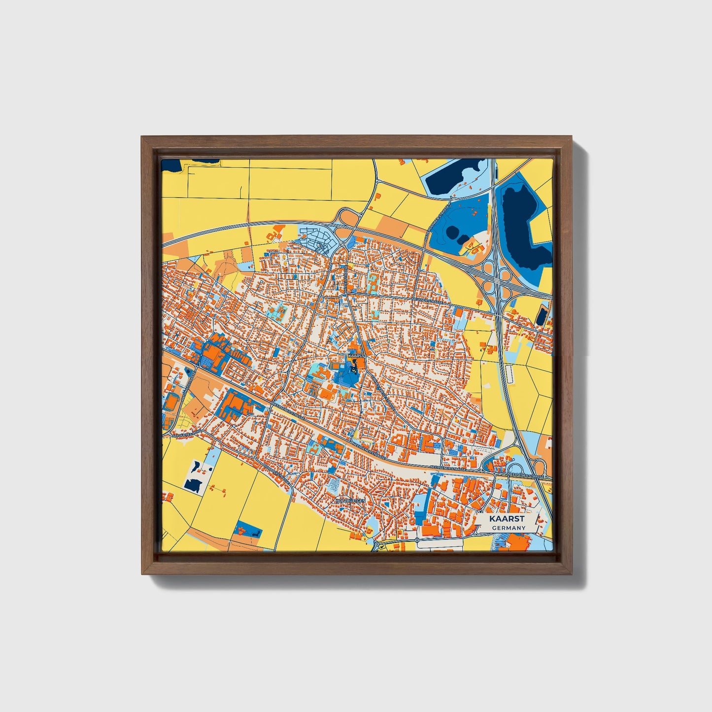 Kaarst Germany Colorful City Map Canvas Print • Dark Wooden Framed
