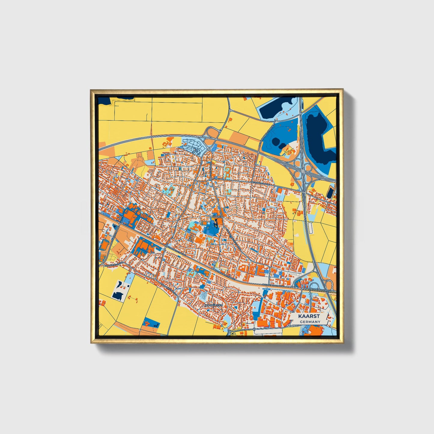 Kaarst Germany Colorful City Map Canvas Print • Gold Framed