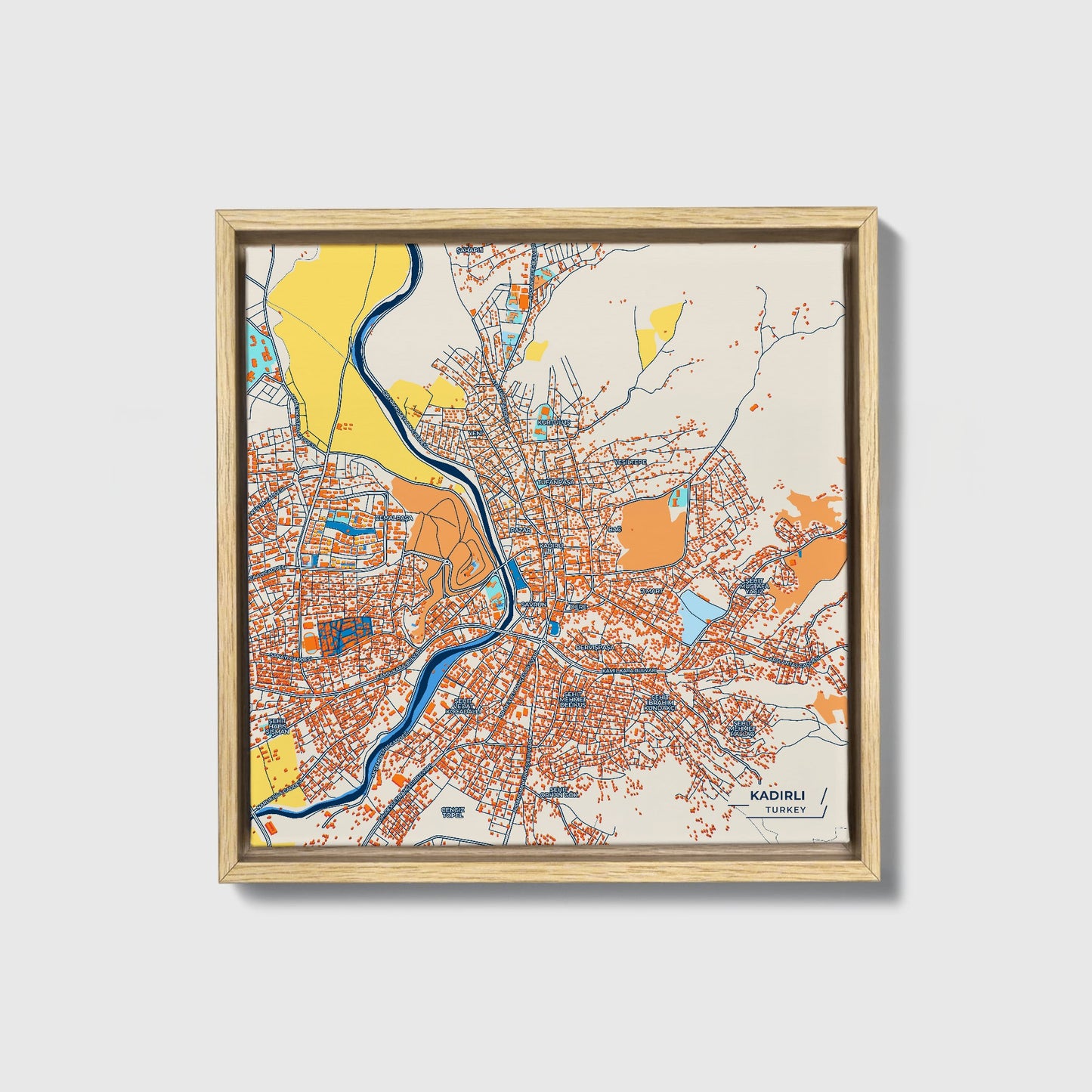 Kadi̇rli̇ Turkey Colorful City Map Canvas Print • Natural Wooden Framed