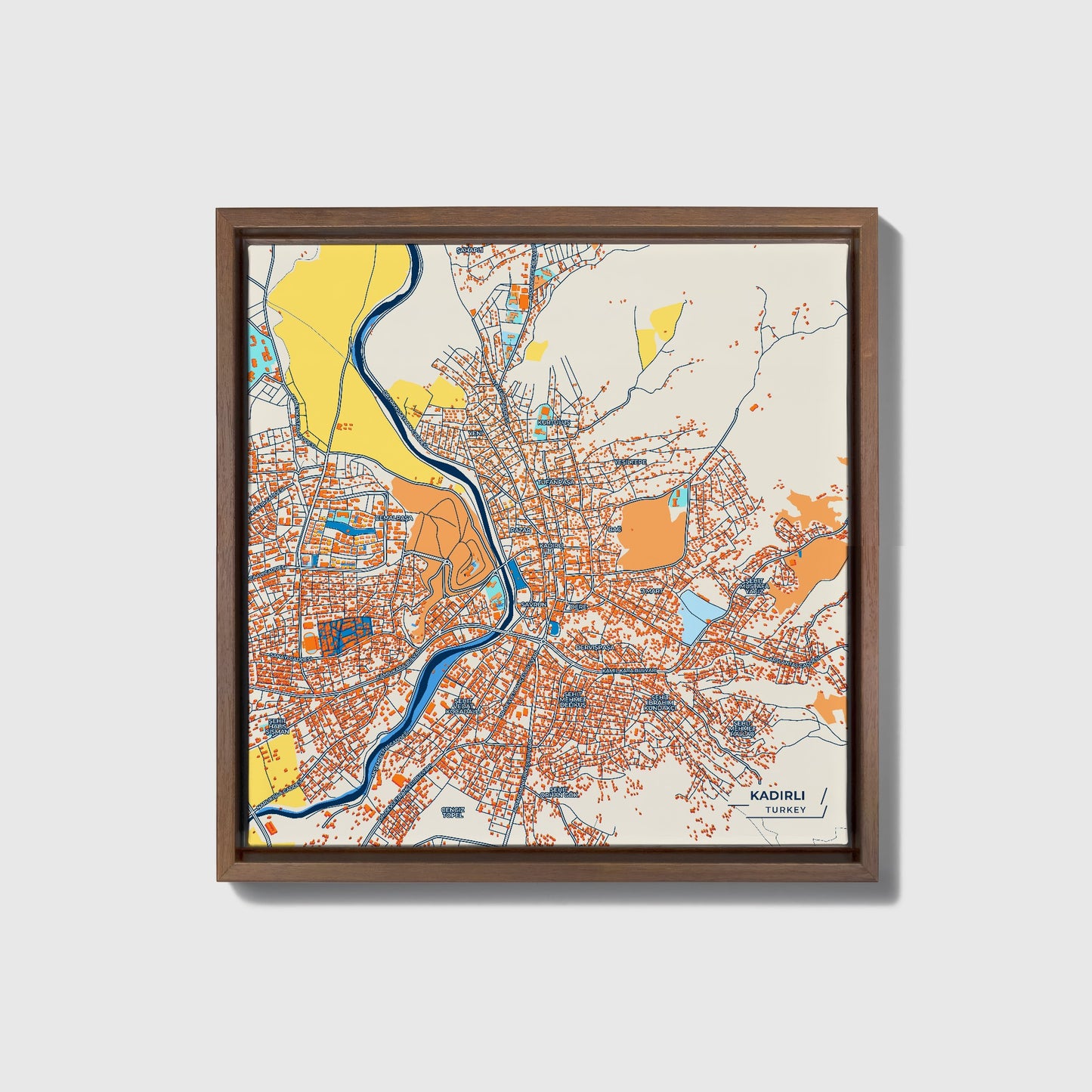 Kadi̇rli̇ Turkey Colorful City Map Canvas Print • Dark Wooden Framed