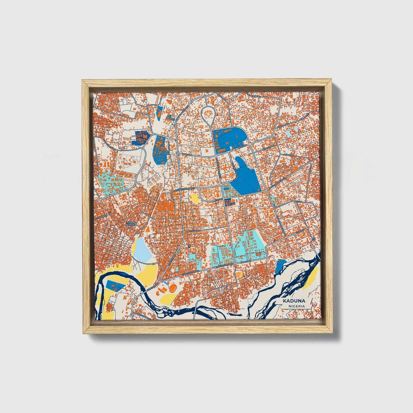 Kaduna Nigeria Colorful City Map Canvas Print • Natural Wooden Framed