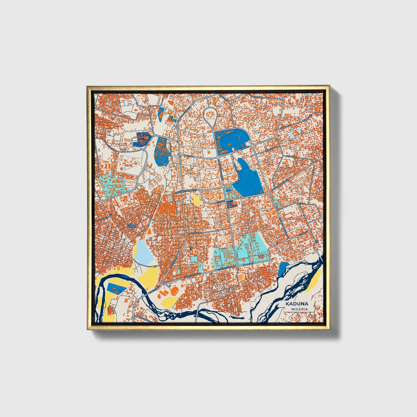 Kaduna Nigeria Colorful City Map Canvas Print • Gold Framed
