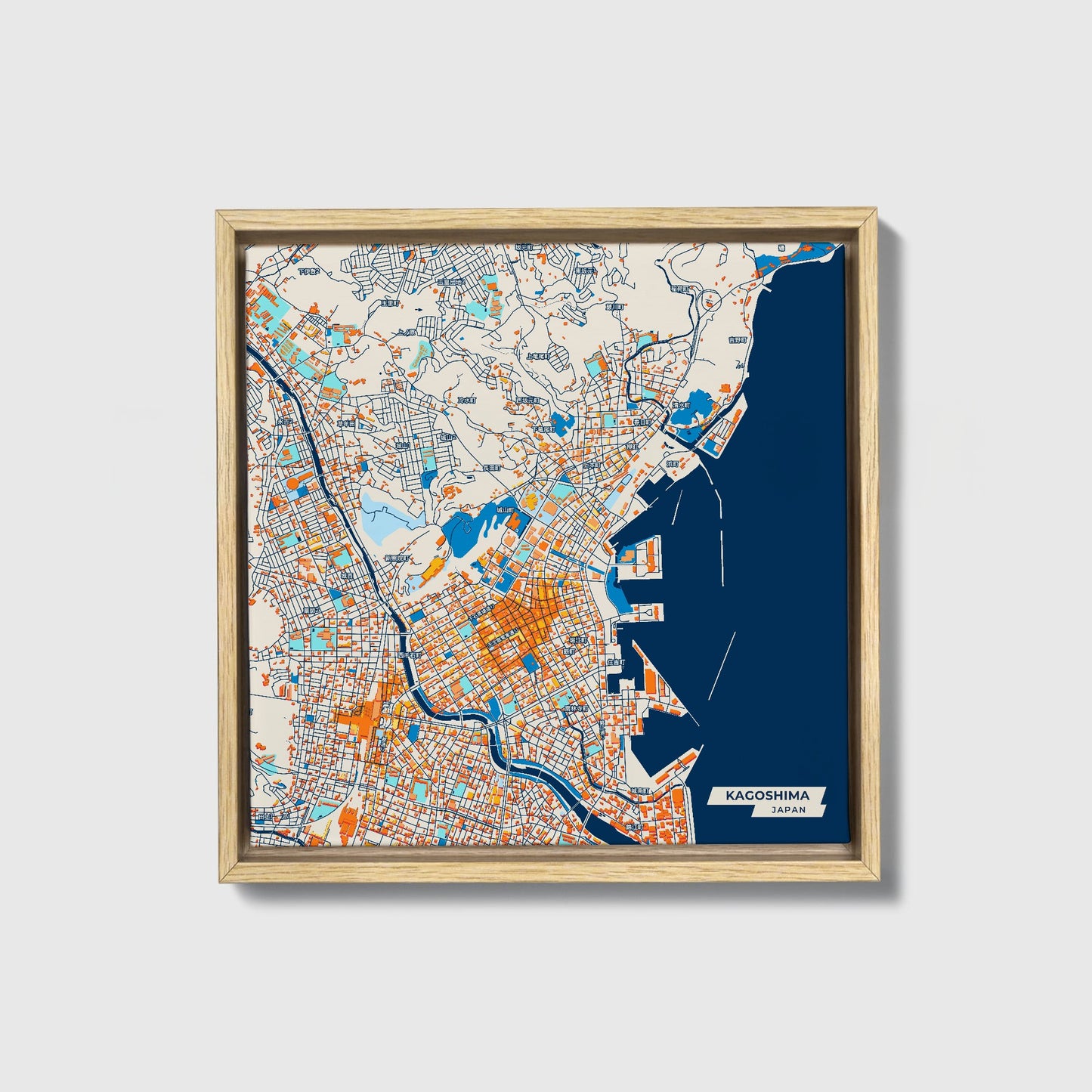 Kagoshima Japan Colorful City Map Canvas Print • Natural Wooden Framed