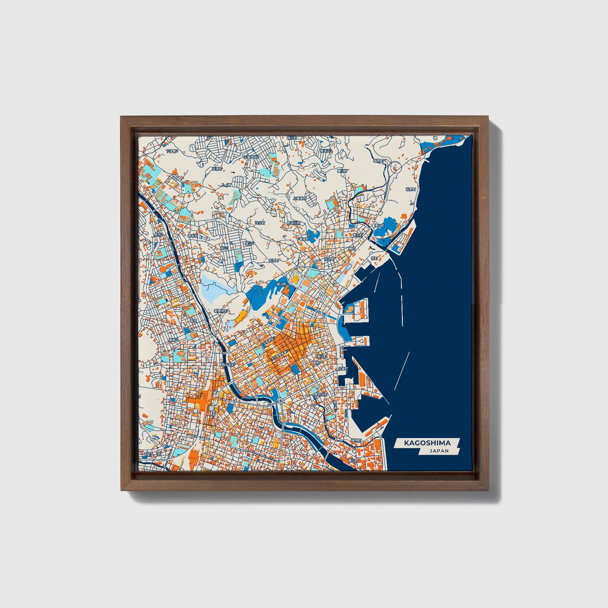 Kagoshima Japan Colorful City Map Canvas Print • Dark Wooden Framed