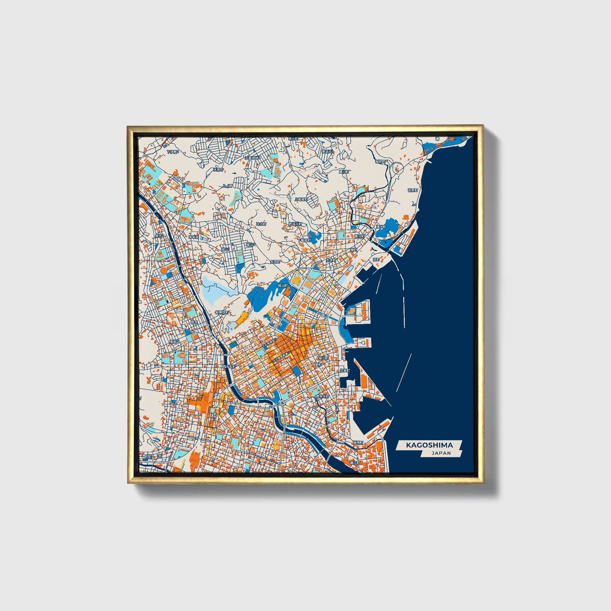 Kagoshima Japan Colorful City Map Canvas Print • Gold Framed