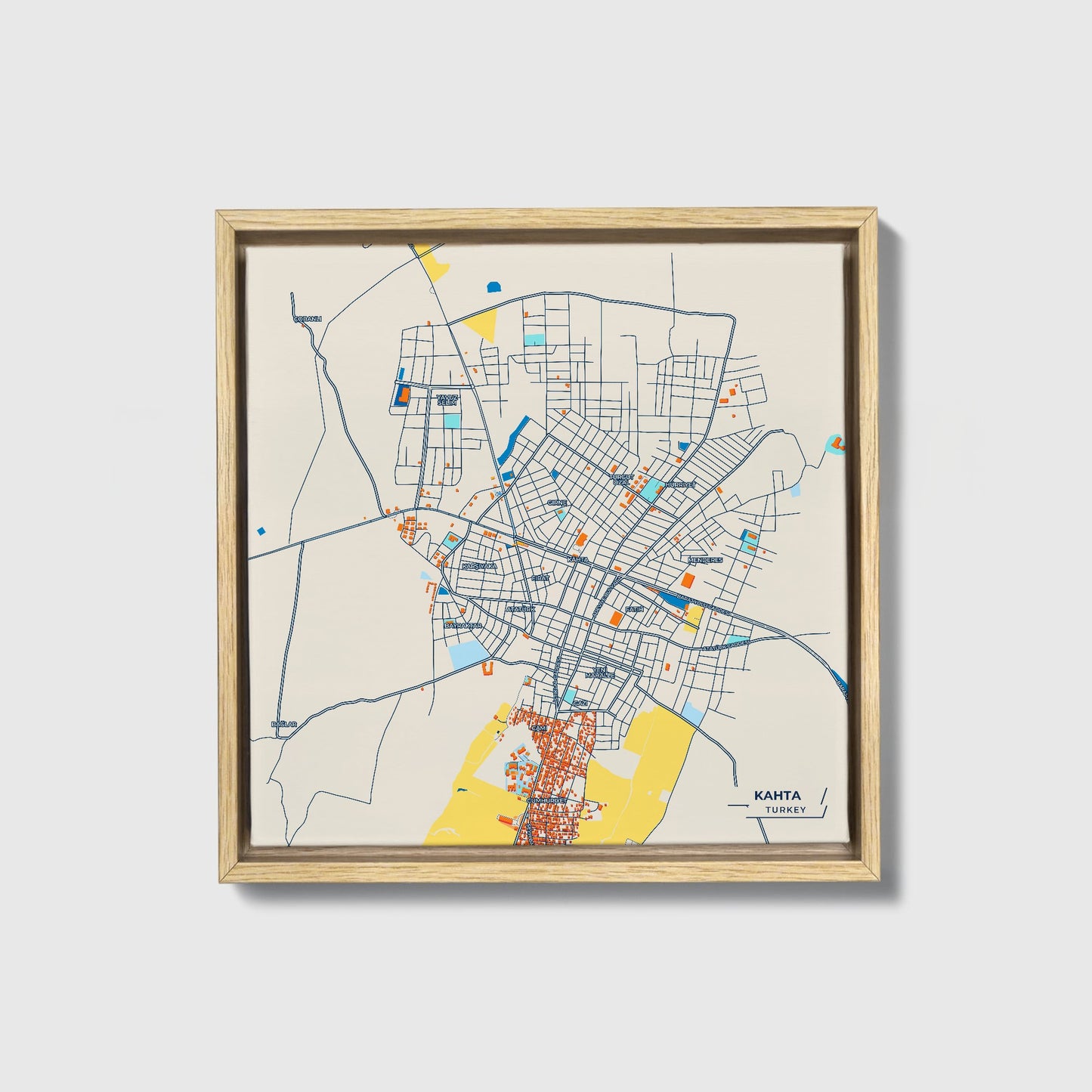 Kahta Turkey Colorful City Map Canvas Print • Natural Wooden Framed