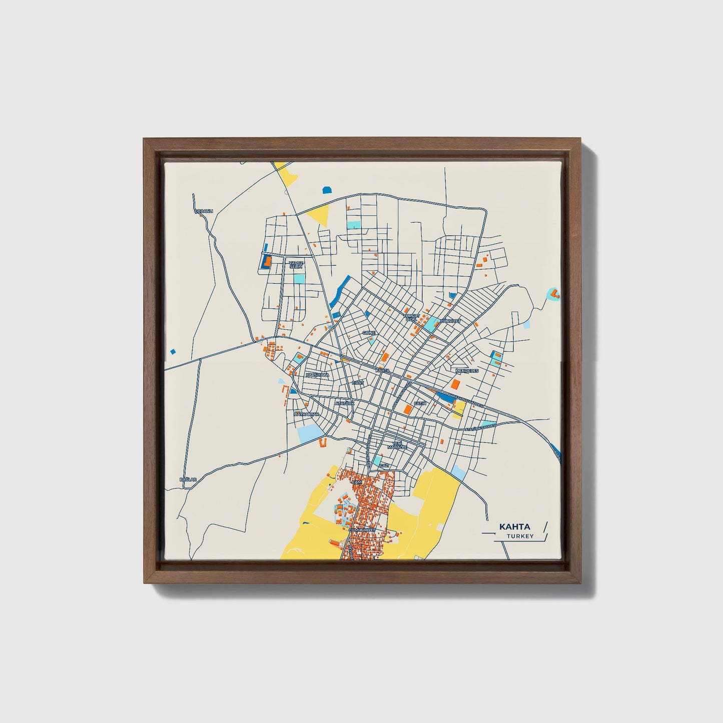 Kahta Turkey Colorful City Map Canvas Print • Dark Wooden Framed