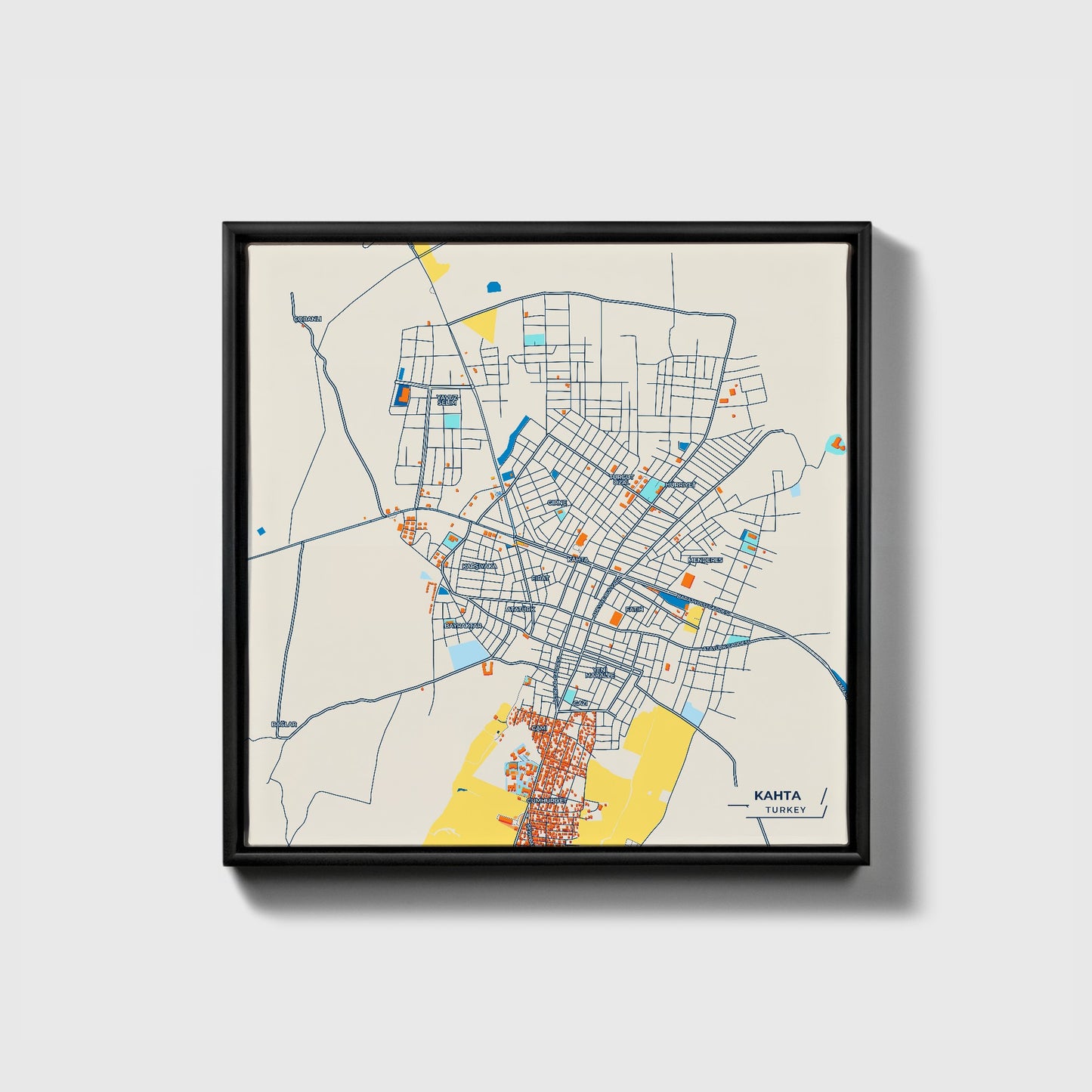 Kahta Turkey Colorful City Map Canvas Print • Black Framed