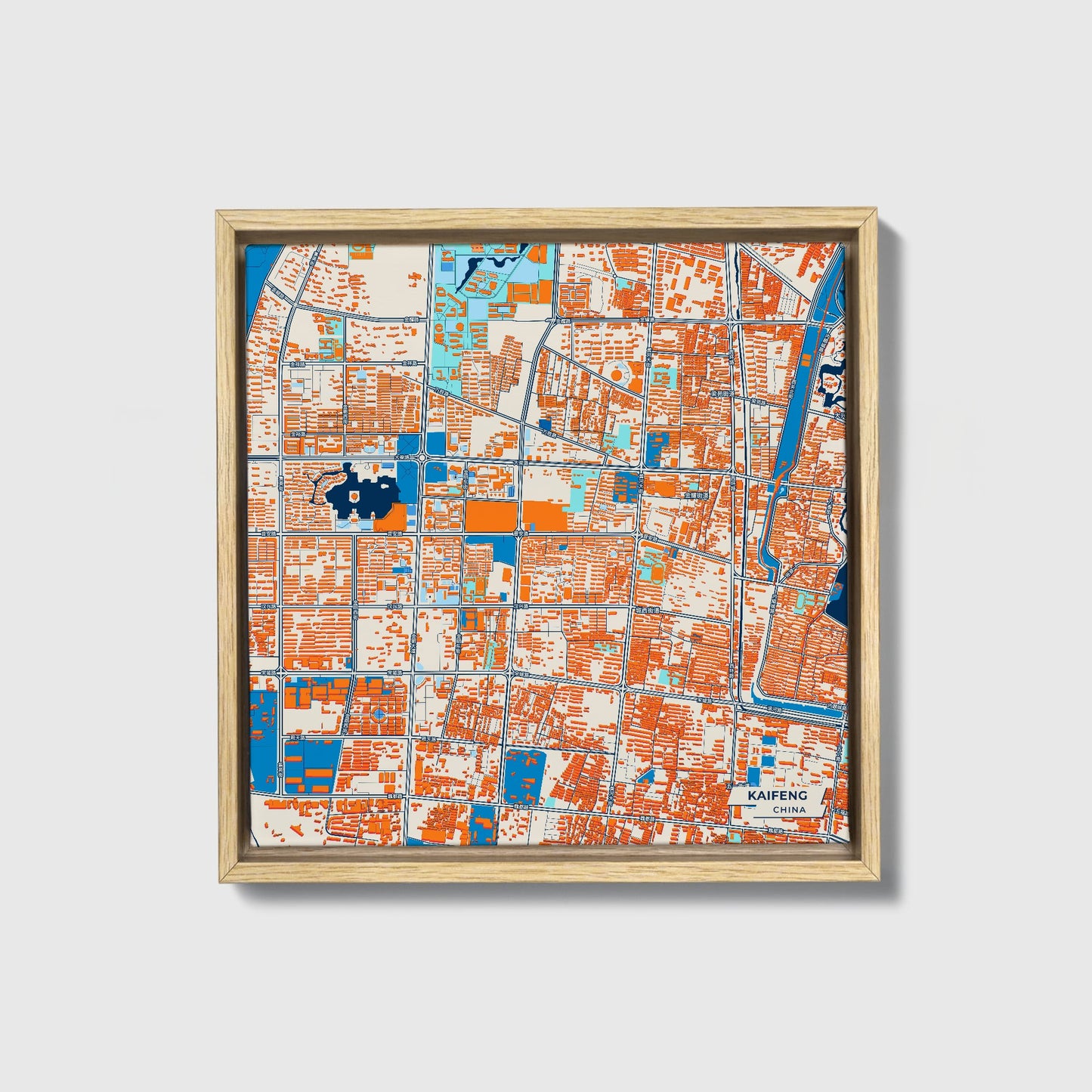 Kaifeng China Colorful City Map Canvas Print • Natural Wooden Framed