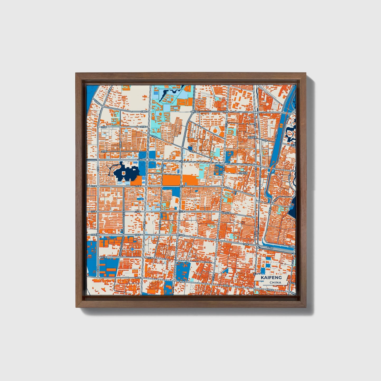 Kaifeng China Colorful City Map Canvas Print • Dark Wooden Framed